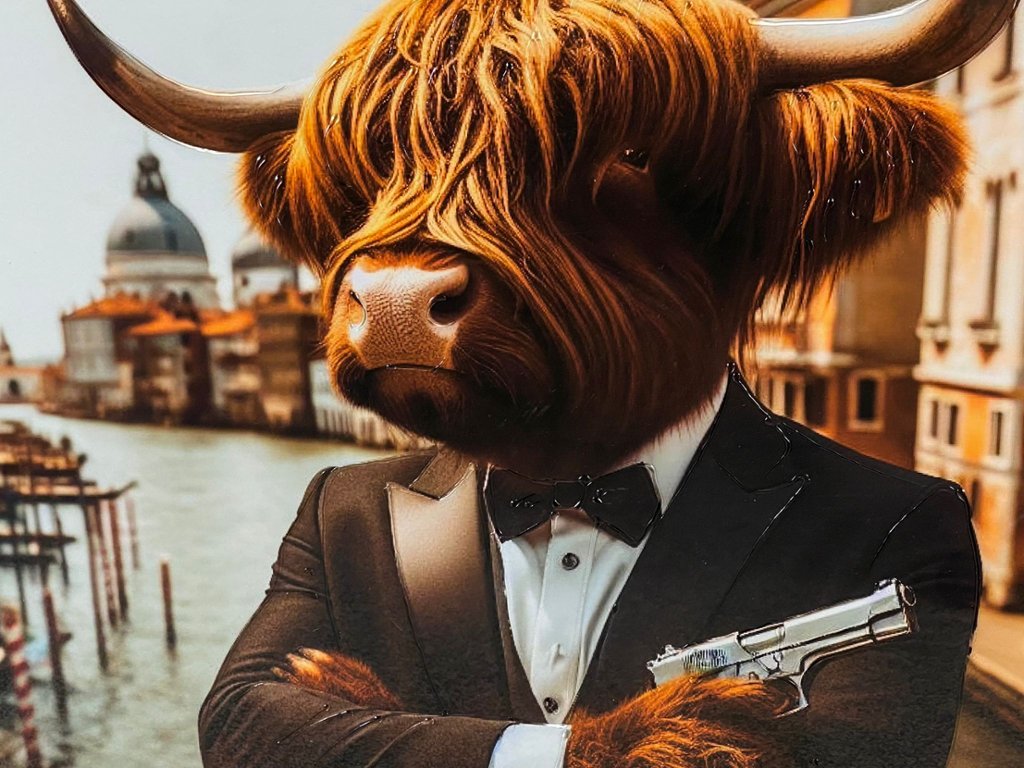 Liquid Art Picture of a James Bond Highland Cow